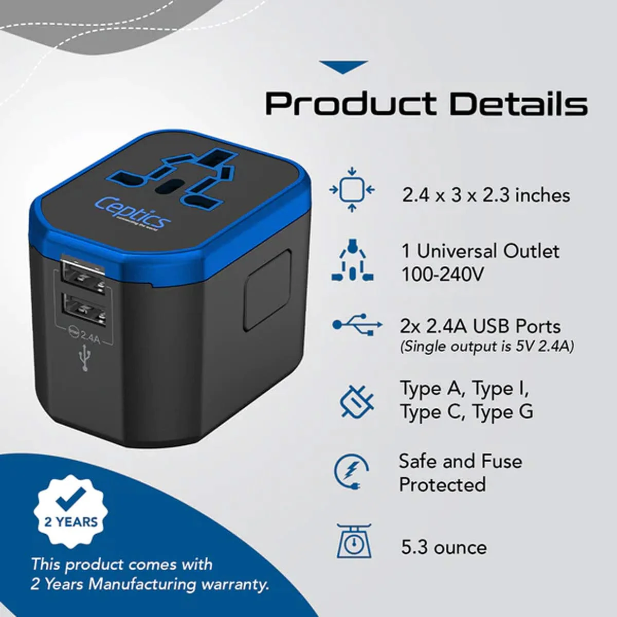 All-In-One International Travel Plug Adapter - 2 USB Ports - Image 2