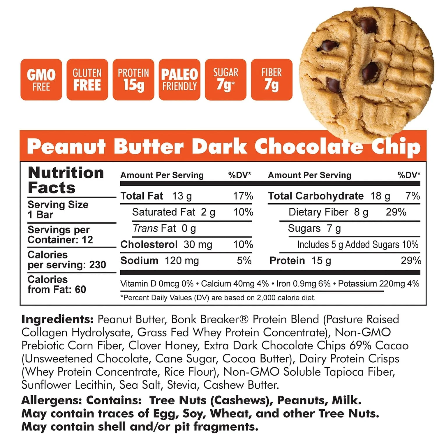BonkBreaker Peanut Butter & Dark Chocolate Chip Collagen Protein Bar - Image 2